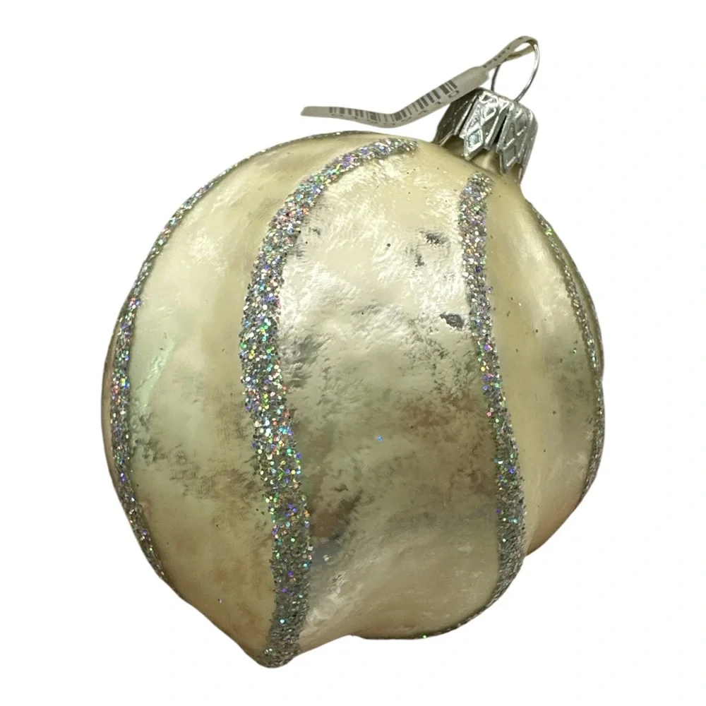 Vintage Hand Blown Glass Cream Glitter Swirl Round Ornaments NWT Set Of 5